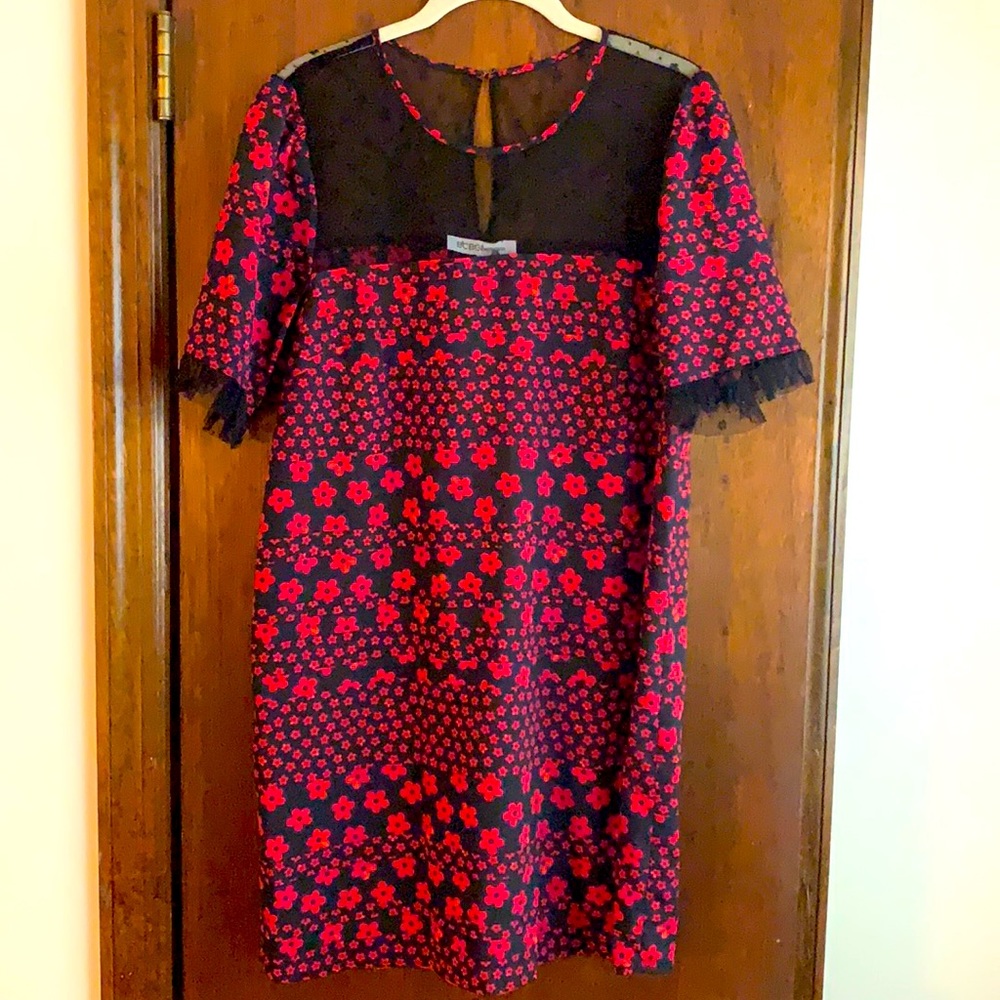 BCBG mixed media red and black floral dress